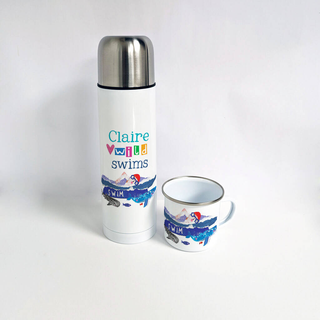 Personalised Swim Wild Flask And Mug Set
