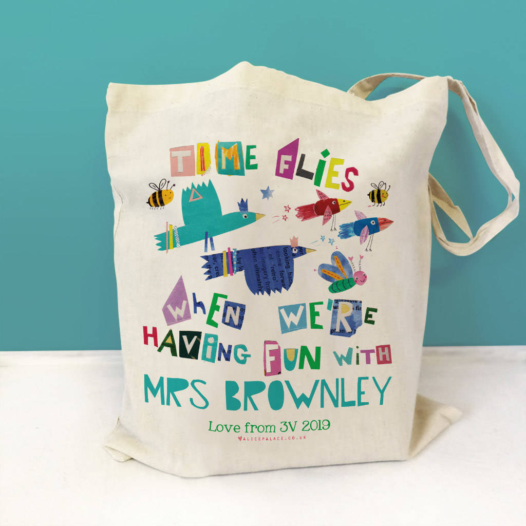 Personalised Time Flies With A Fun Teacher Bag